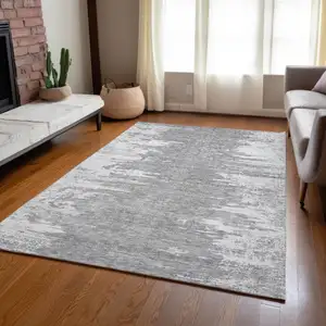 Photo of Silver Gray And Ivory Abstract Washable Indoor Outdoor Area Rug