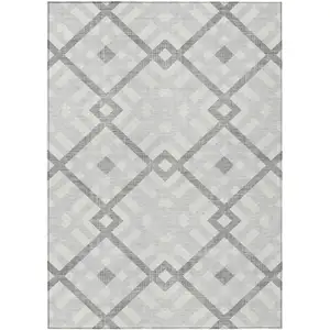 Photo of Silver Gray And Ivory Geometric Washable Indoor Outdoor Area Rug