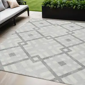 Photo of Silver Gray And Ivory Geometric Washable Indoor Outdoor Area Rug