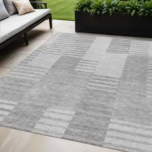 Photo of Silver Gray And Ivory Striped Washable Indoor Outdoor Area Rug