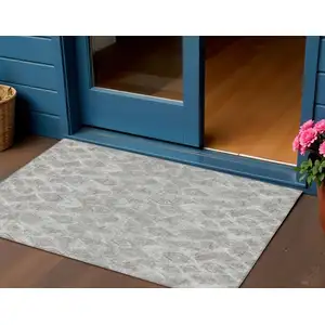 Photo of Silver Gray And Pewter Geometric Washable Indoor Outdoor Area Rug