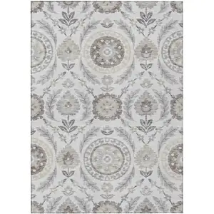 Photo of Silver Gray And Taupe Floral Washable Indoor Outdoor Area Rug