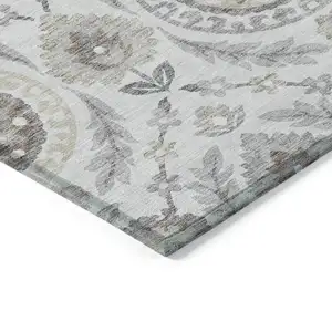 Photo of Silver Gray And Taupe Floral Washable Indoor Outdoor Area Rug