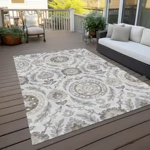 Photo of Silver Gray And Taupe Floral Washable Indoor Outdoor Area Rug