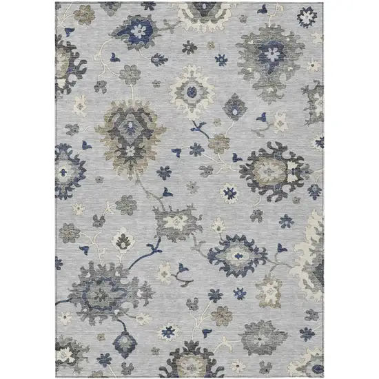 Silver Gray And Taupe Floral Washable Indoor Outdoor Area Rug Photo 1