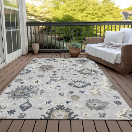 Silver Gray And Taupe Floral Washable Indoor Outdoor Area Rug Photo 7