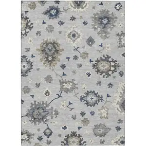 Photo of Silver Gray And Taupe Floral Washable Indoor Outdoor Area Rug