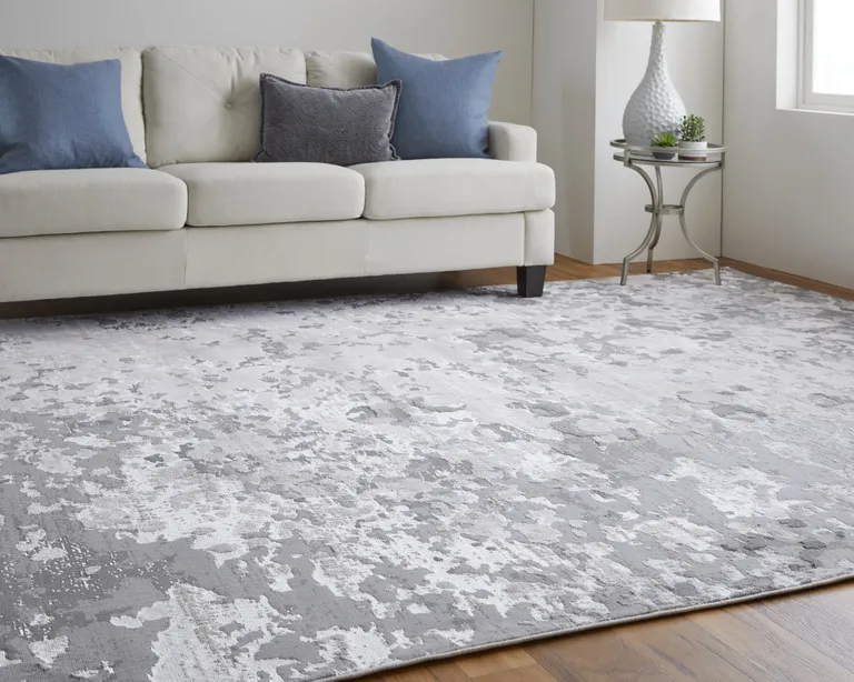 Silver Gray And White Abstract Stain Resistant Area Rug Photo 3