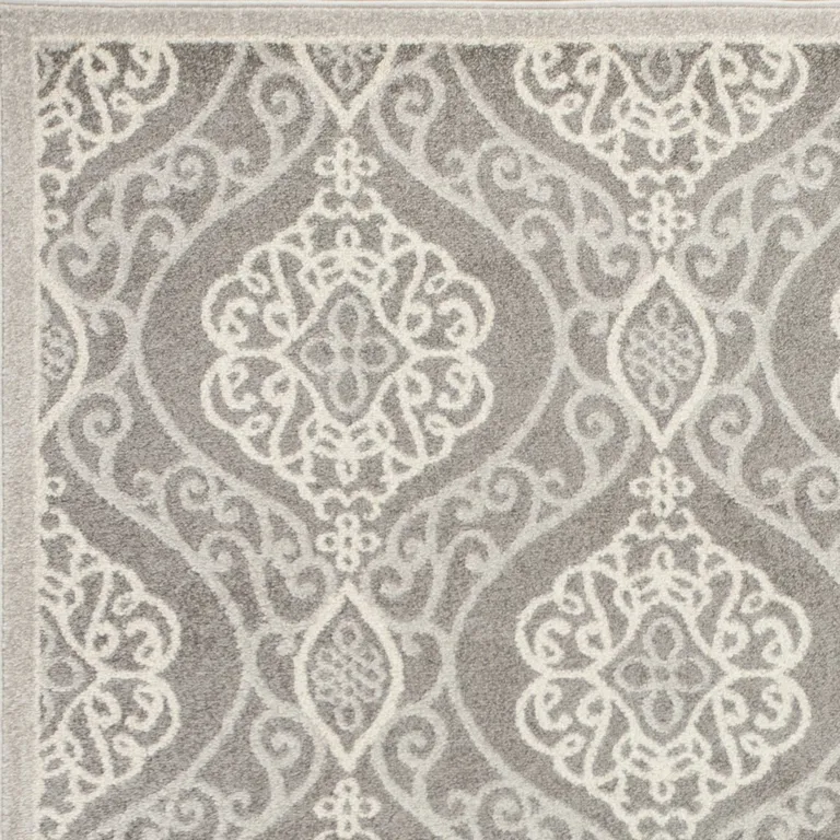 Silver Grey Machine Woven UV Treated Floral Ogee Indoor Outdoor Accent Rug Photo 3