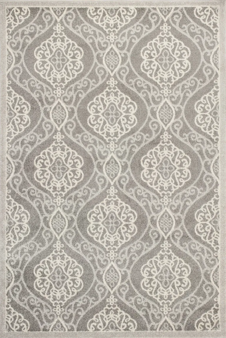 Silver Grey Machine Woven UV Treated Floral Ogee Indoor Outdoor Accent Rug Photo 1