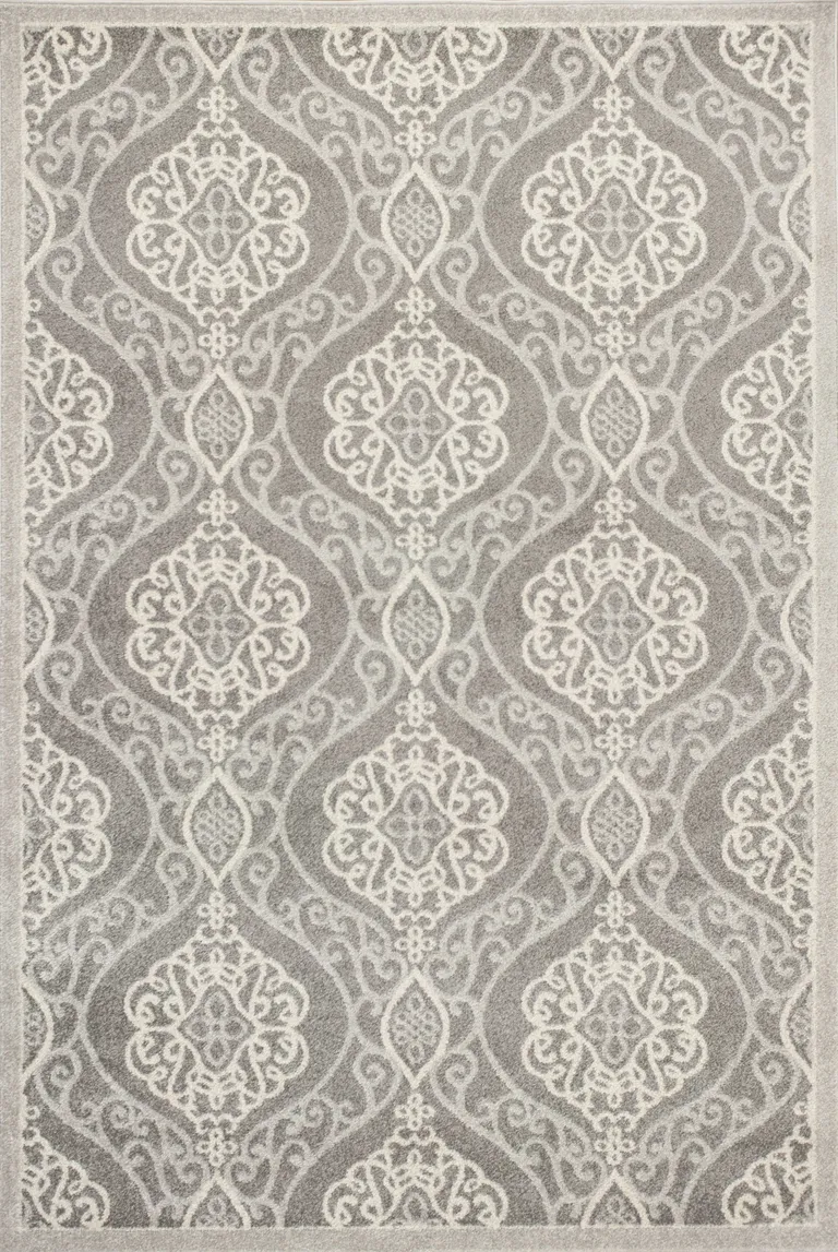 Silver Grey Machine Woven UV Treated Floral Ogee Indoor Outdoor Area Rug Photo 1