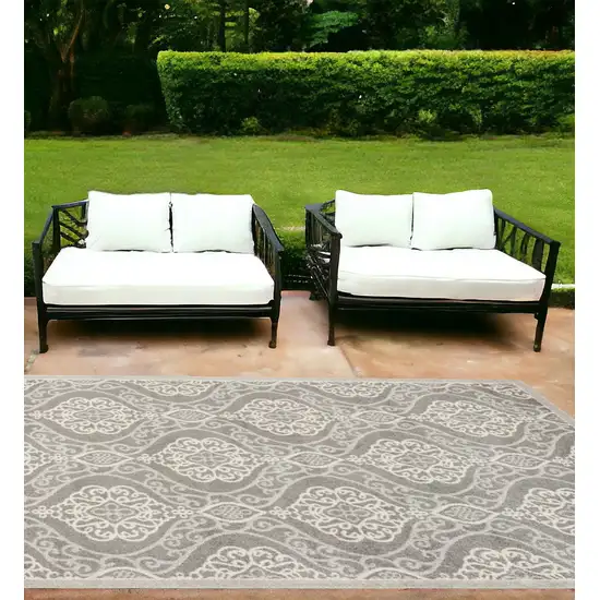 7'X10' Silver Grey Machine Woven Uv Treated Floral Ogee Indoor Outdoor Area Rug Photo 1