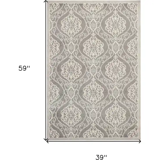 3'X5' Silver Grey Machine Woven Uv Treated Floral Ogee Indoor Outdoor Area Rug Photo 7