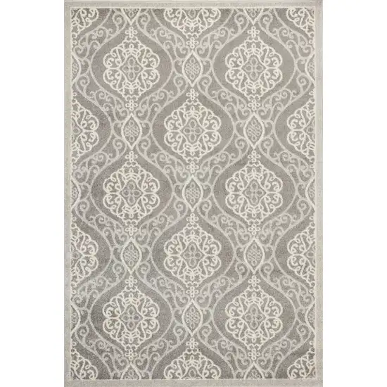 Silver Grey Machine Woven UV Treated Floral Ogee Indoor Outdoor Area Rug Photo 1