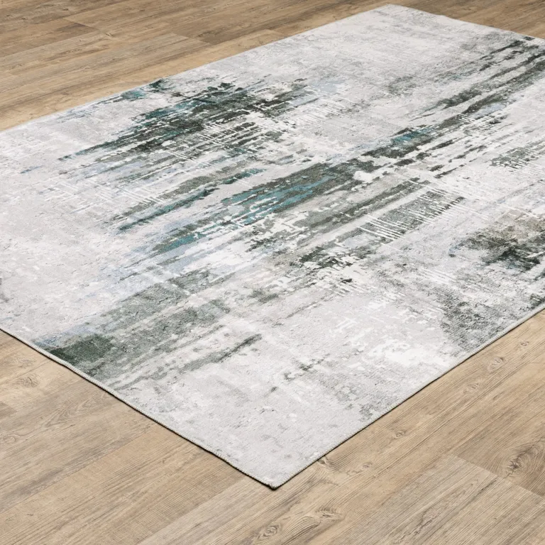 Silver Grey Teal Blue And Charcoal Abstract Printed Stain Resistant Non Skid Area Rug Photo 5