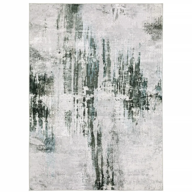 Silver Grey Teal Blue And Charcoal Abstract Printed Stain Resistant Non Skid Area Rug Photo 1