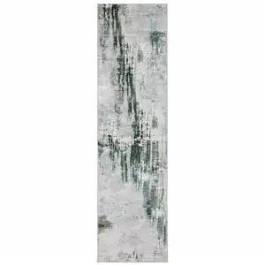 Photo of Silver Grey Teal Blue And Charcoal Abstract Printed Stain Resistant Non Skid Runner Rug