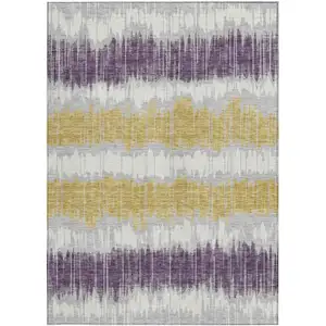 Photo of Silver Ivory And Purple Striped Washable Indoor Outdoor Area Rug