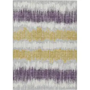 Photo of Silver Ivory And Purple Striped Washable Indoor Outdoor Area Rug