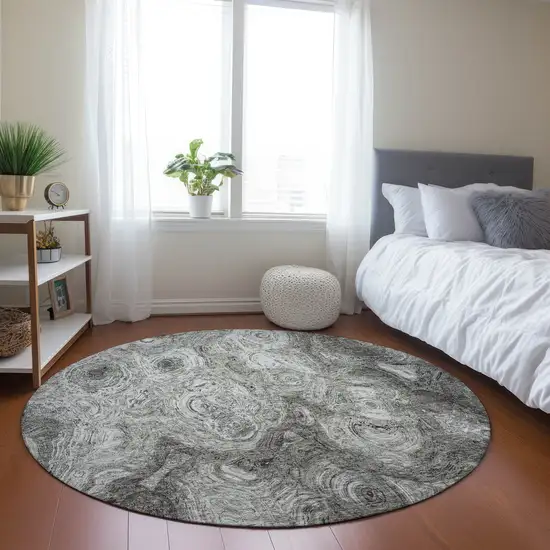 Silver Round Abstract Washable Non Skid Indoor Outdoor Area Rug Photo 7