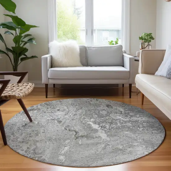 Silver Round Abstract Washable Non Skid Indoor Outdoor Area Rug Photo 6