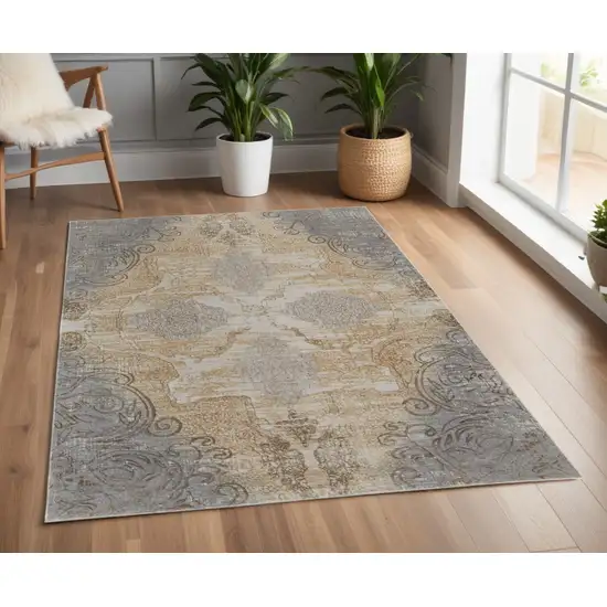 Tan and Gray Floral Power Loom Non Skid Area Rug Photo 1