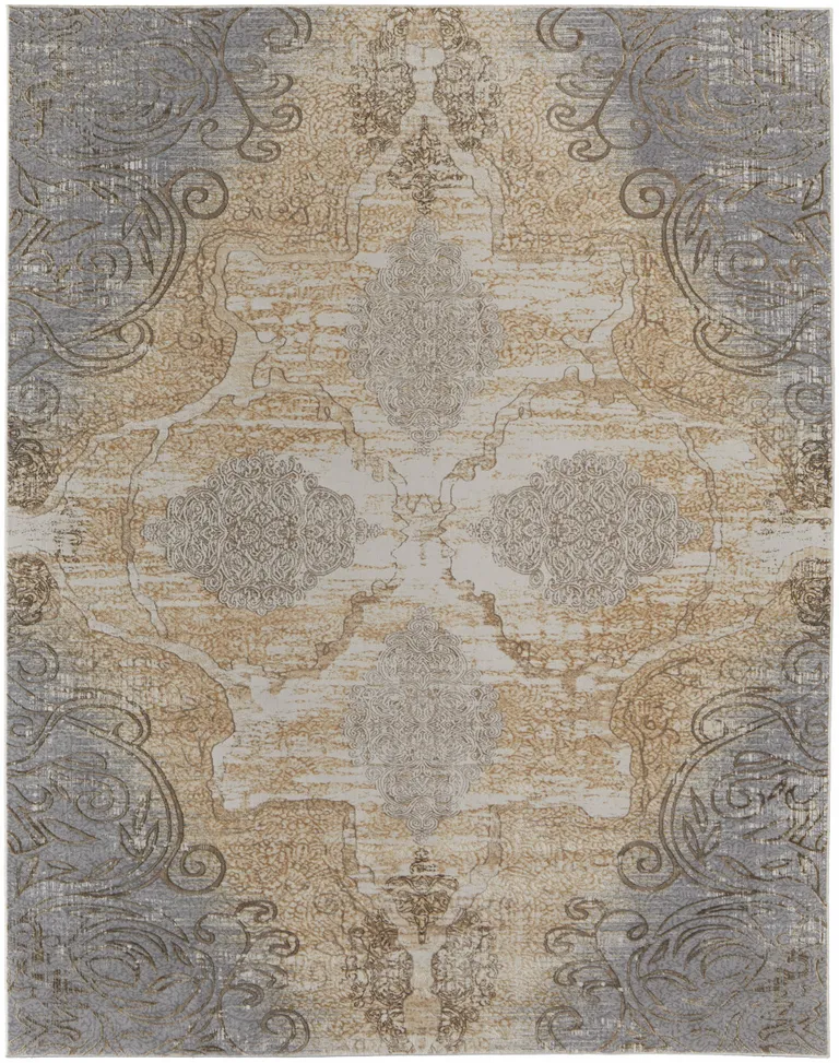 Silver Tan And Gray Floral Power Loom Area Rug Photo 1