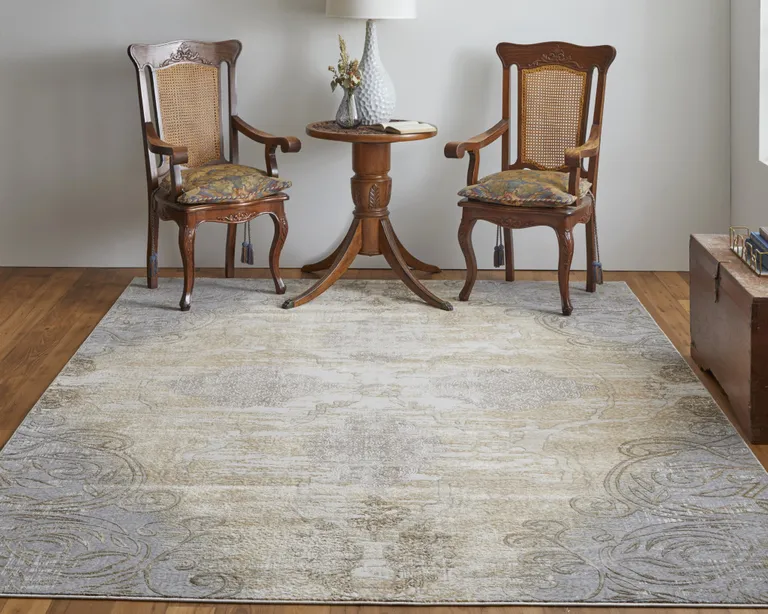 Silver Tan And Gray Floral Power Loom Area Rug Photo 4