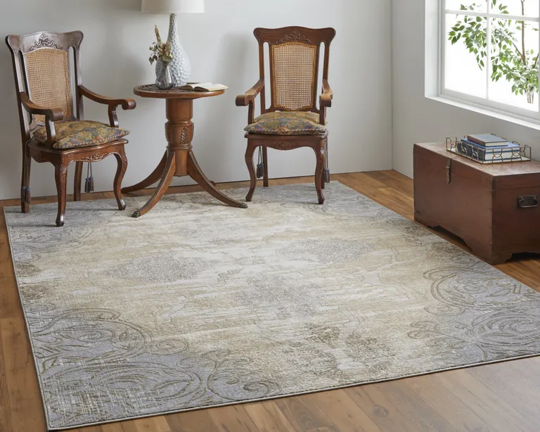 Silver Tan And Gray Floral Power Loom Area Rug Photo 3