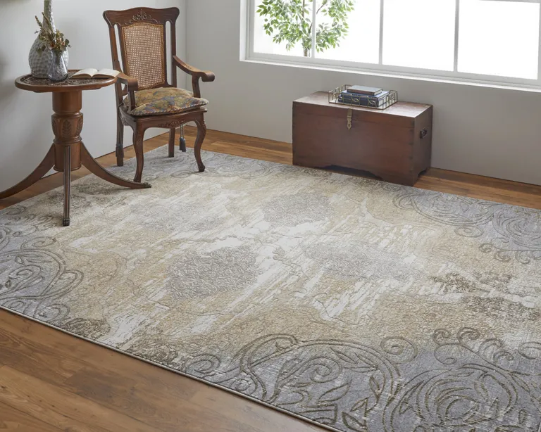 Silver Tan And Gray Floral Power Loom Area Rug Photo 5