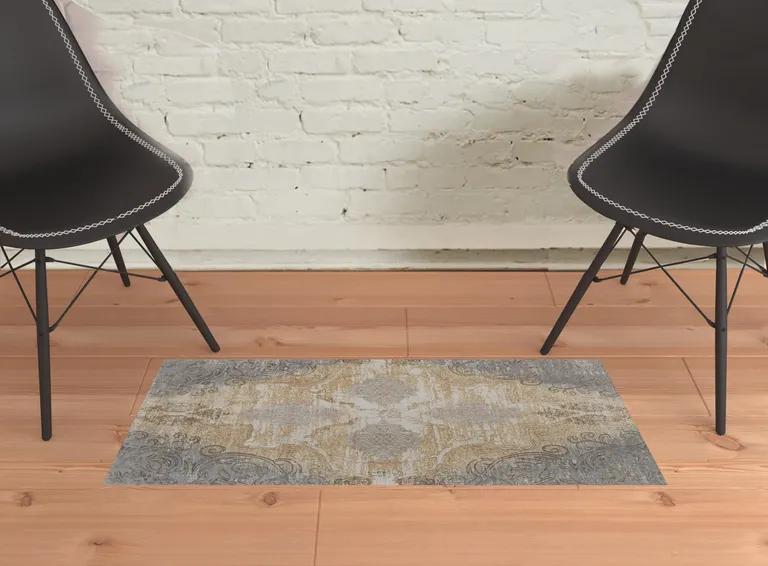 Silver Tan And Gray Floral Power Loom Area Rug Photo 2