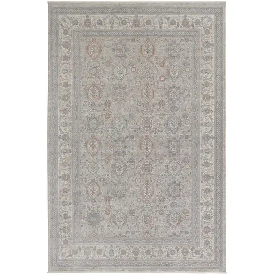 Silver Taupe and Blue Oriental Power Loom Worn Faded Area Rug With Fringe Photo 1