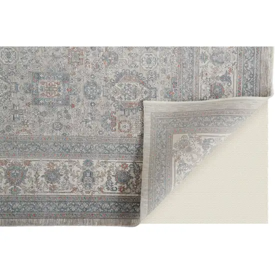 Silver Taupe and Blue Oriental Power Loom Worn Faded Area Rug With Fringe Photo 8