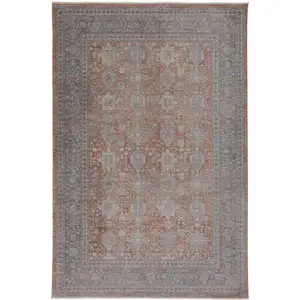 Photo of Silver Taupe and Blue Oriental Power Loom Worn Faded Area Rug With Fringe