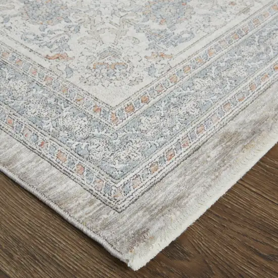 Silver Taupe and Blue Oriental Power Loom Worn Faded Area Rug With Fringe Photo 9