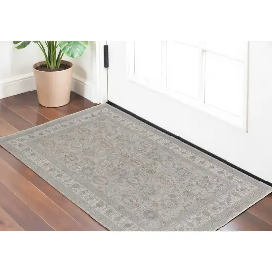 Silver Taupe and Blue Oriental Power Loom Worn Faded Area Rug With Fringe Photo 1