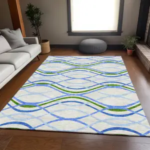 Photo of Sky Blue And Beige Abstract Washable Indoor Outdoor Area Rug