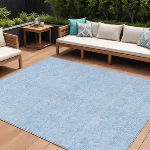 Photo of Sky Blue And Blue Floral Washable Indoor Outdoor Area Rug