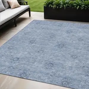 Photo of Sky Blue And Blue Floral Washable Indoor Outdoor Area Rug