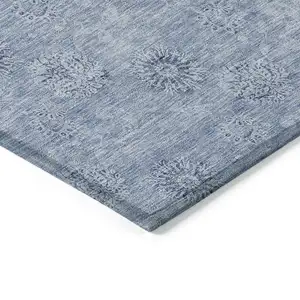 Photo of Sky Blue And Blue Floral Washable Indoor Outdoor Area Rug