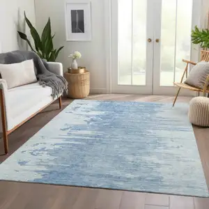 Photo of Sky Blue And Denim Blue Abstract Washable Indoor Outdoor Area Rug