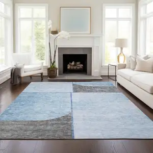 Photo of Sky Blue And Denim Blue Abstract Washable Indoor Outdoor Area Rug