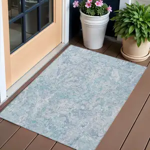 Photo of Sky Blue And Denim Blue Abstract Washable Indoor Outdoor Area Rug