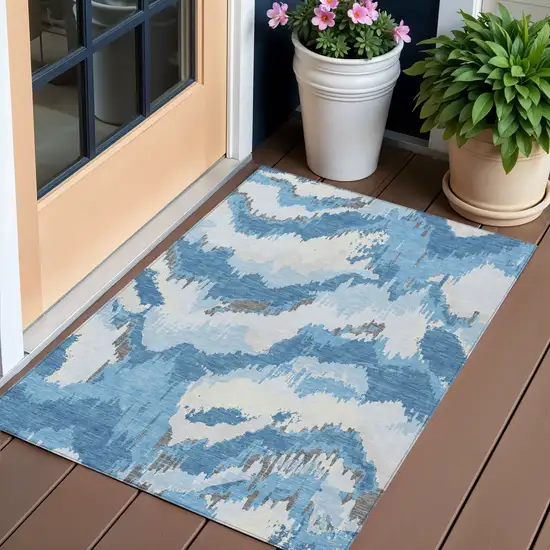 Sky Blue And Denim Blue Abstract Washable Indoor Outdoor Area Rug Photo 1