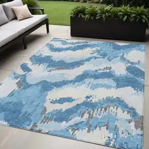 Photo of Sky Blue And Denim Blue Abstract Washable Indoor Outdoor Area Rug