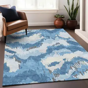 Photo of Sky Blue And Denim Blue Abstract Washable Indoor Outdoor Area Rug