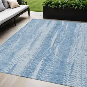 Photo of Sky Blue And Denim Blue Botanical Leaves Washable Indoor Outdoor Area Rug