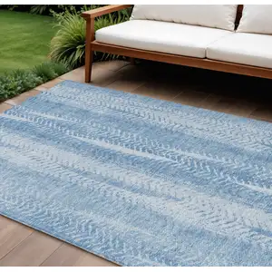 Photo of Sky Blue And Denim Blue Botanical Leaves Washable Indoor Outdoor Area Rug