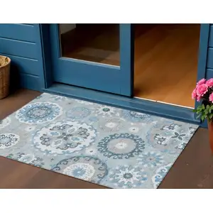 Photo of Sky Blue And Denim Blue Floral Medallion Washable Indoor Outdoor Area Rug