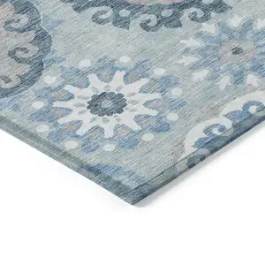 Photo of Sky Blue And Denim Blue Floral Medallion Washable Indoor Outdoor Area Rug